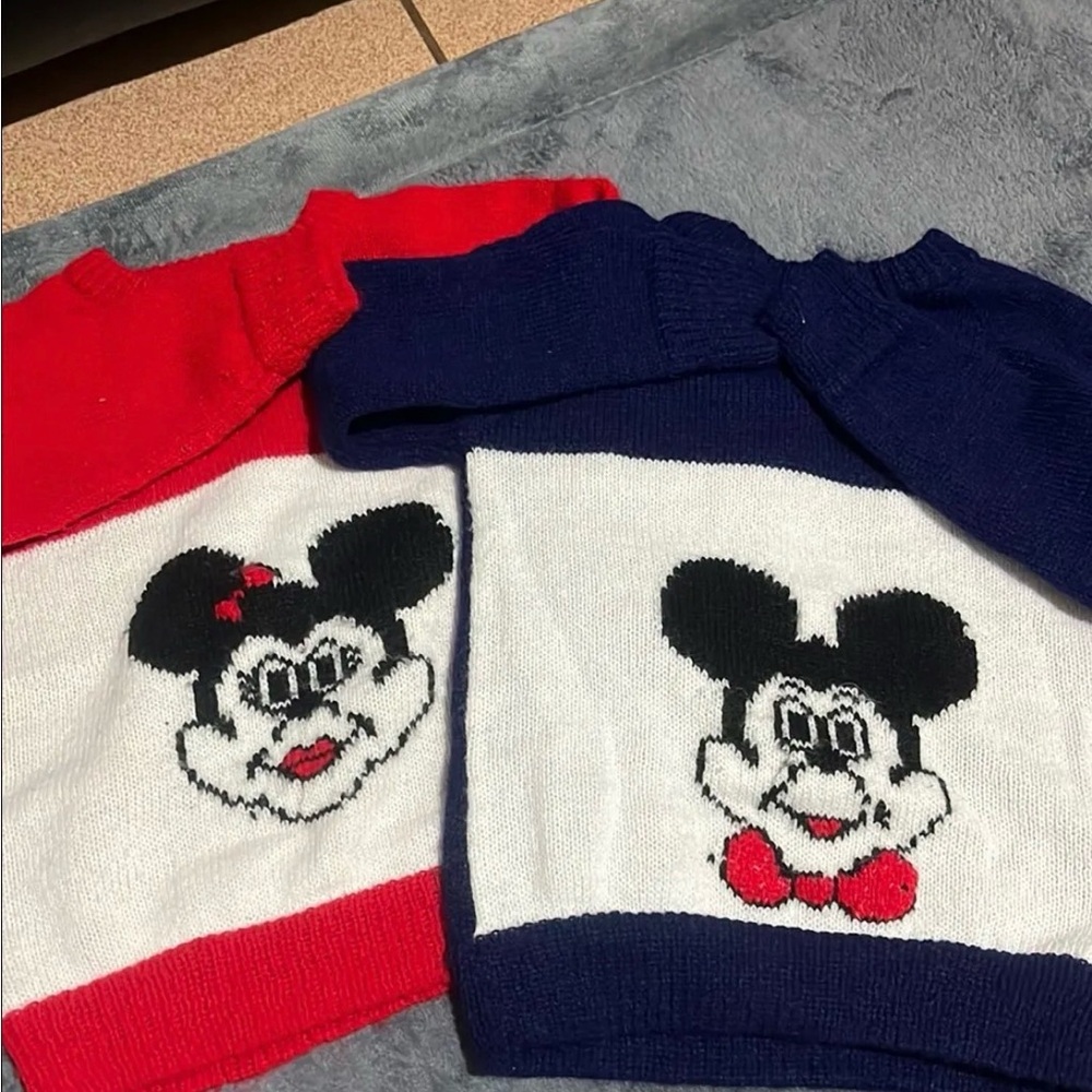 Vtg Pair of Mickey & Minnie Mouse Knit Sweaters - Red & Navy - Retro Disney
